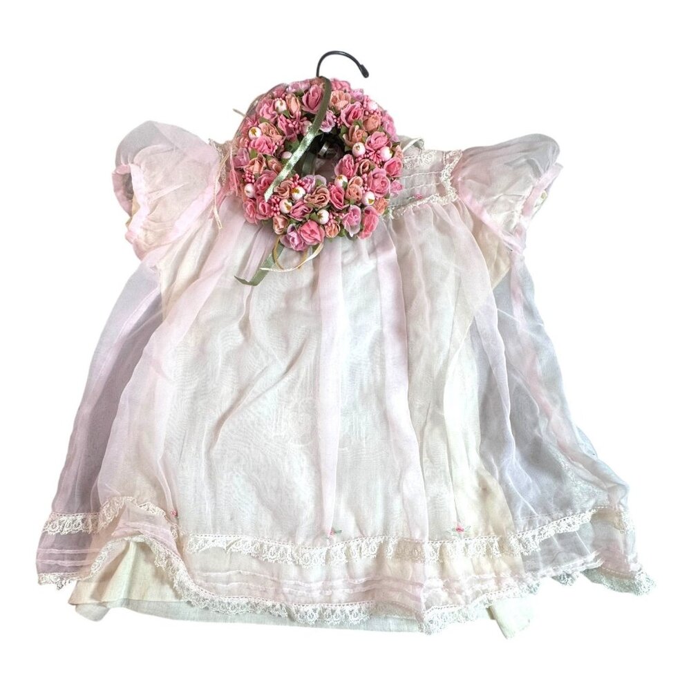 Vintage Baby Girls Sheer White Dress Cotton Pink Floral Wreath Crown & Lace Trim